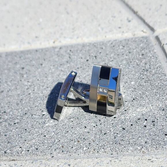 Vintage Rectangle Diamond Polished Stainless Steel Titanium 18k Gold Cufflinks - Picture 10 of 12